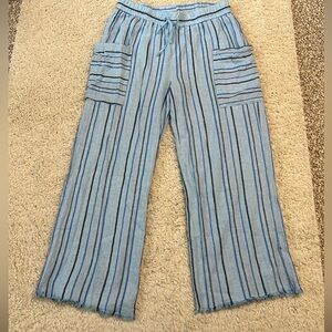 INDIGO REIN L linen blend boho wide leg cropped  pants w/ large front pockets